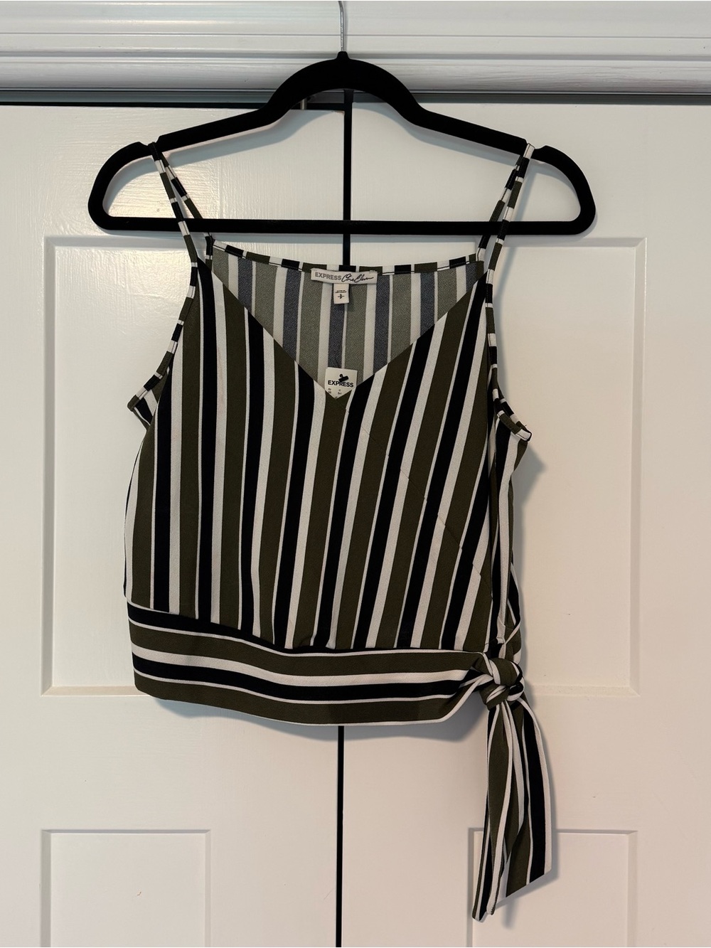 Express Olive, Black & White Striped Tie-Side Cami